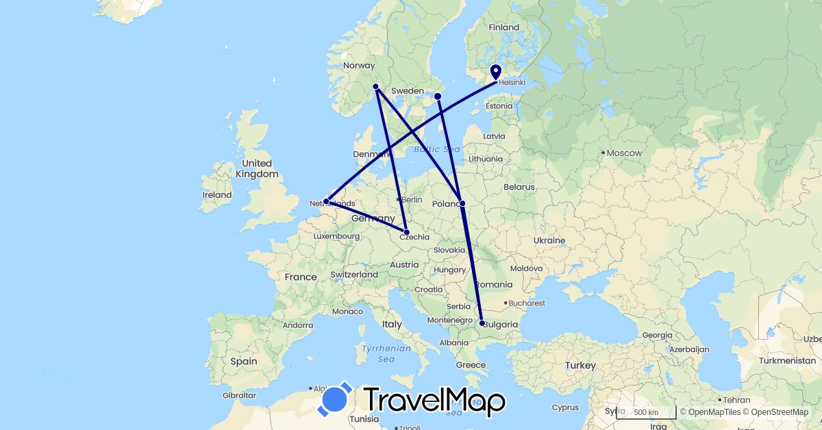 TravelMap itinerary: driving in Bulgaria, Czech Republic, Finland, Netherlands, Norway, Poland, Sweden (Europe)